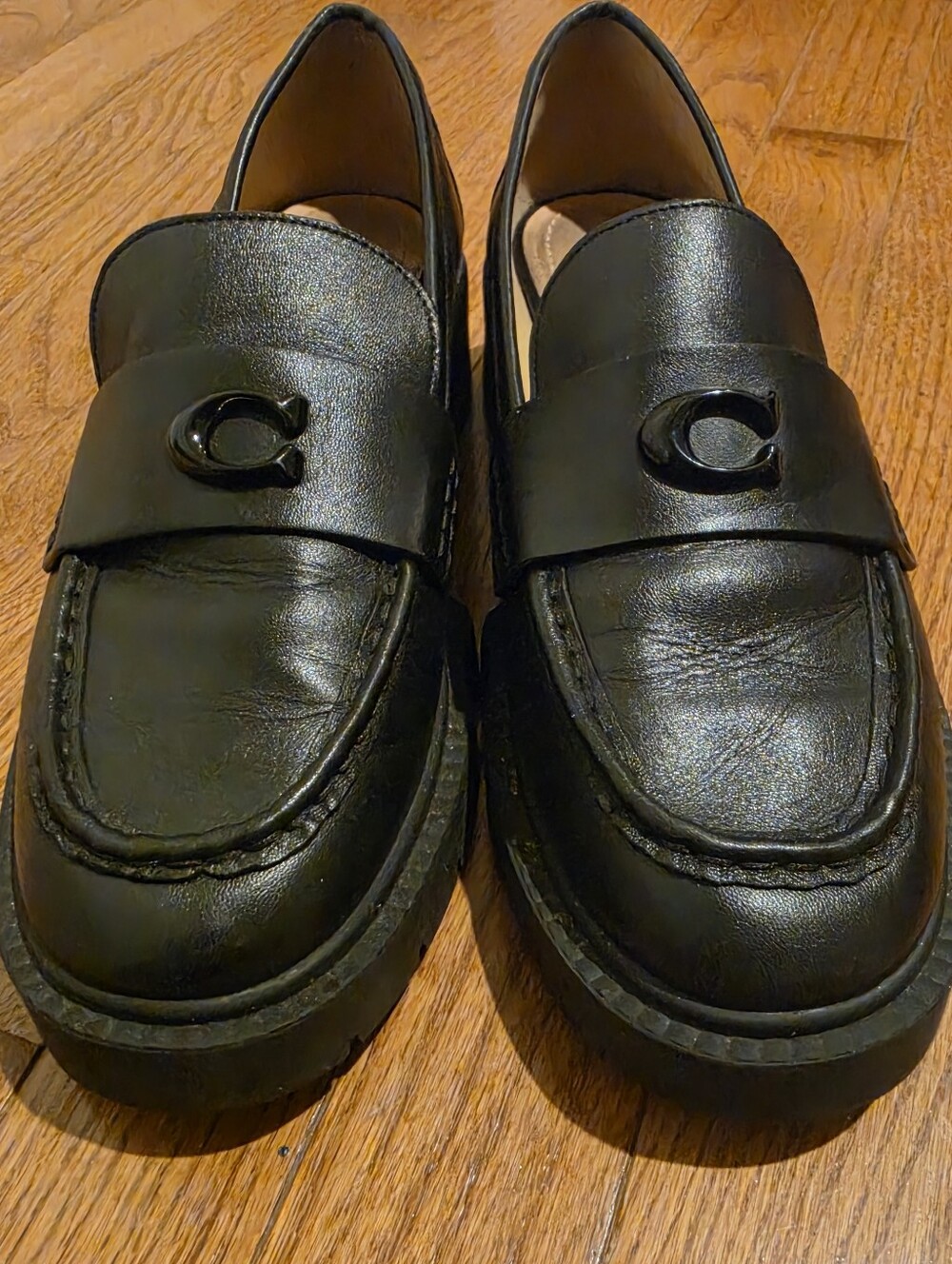 Coach Leah Black Leather Lug Sole Platform Loafers – Size 8.5 B